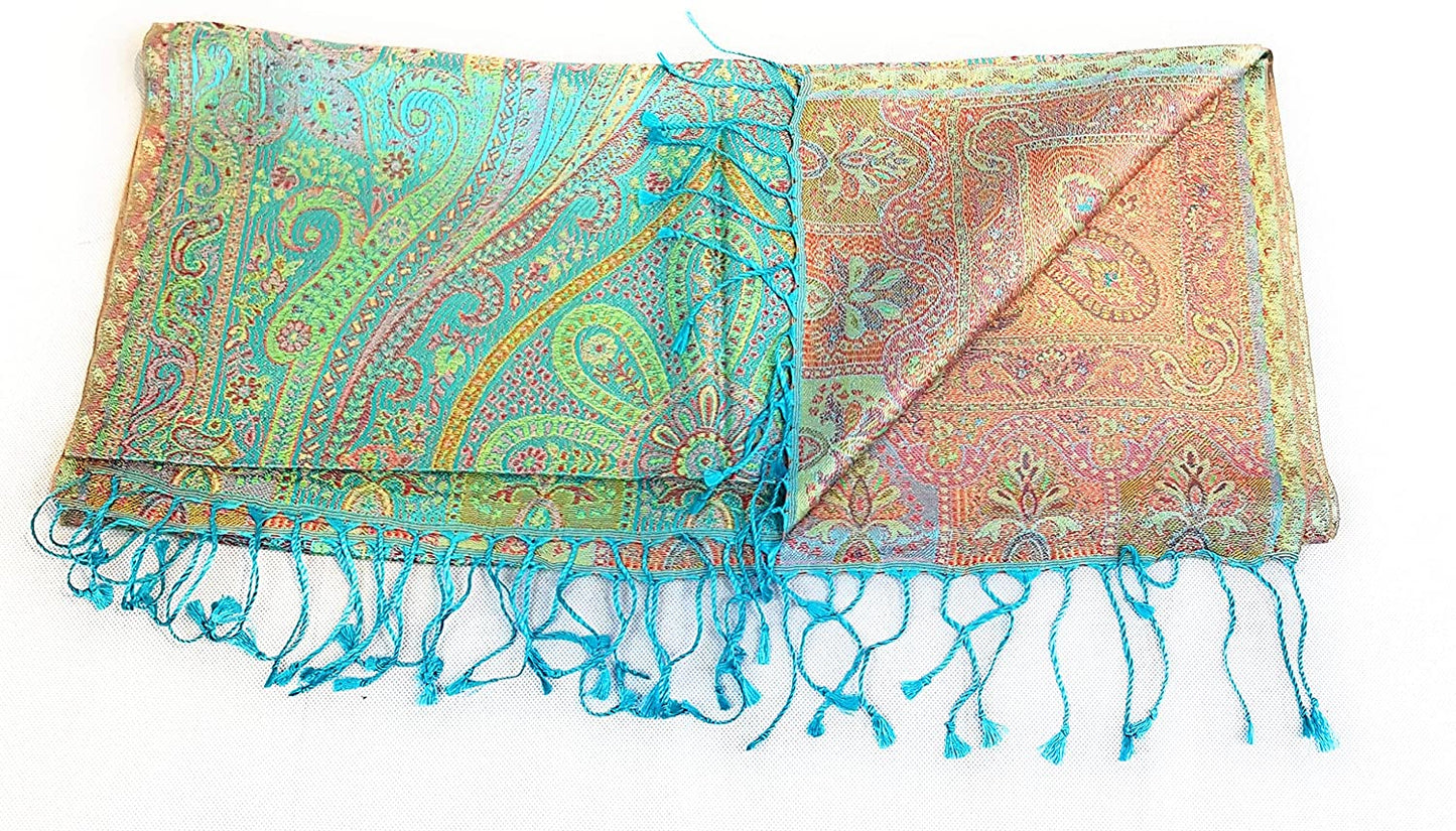 Luxus Seidenschal aus Indien für Damen & Herren, elegante Farben mit Fransen Paisley Muster 200 x 55 cm - Schal aus reiner Seide - diverse Designs