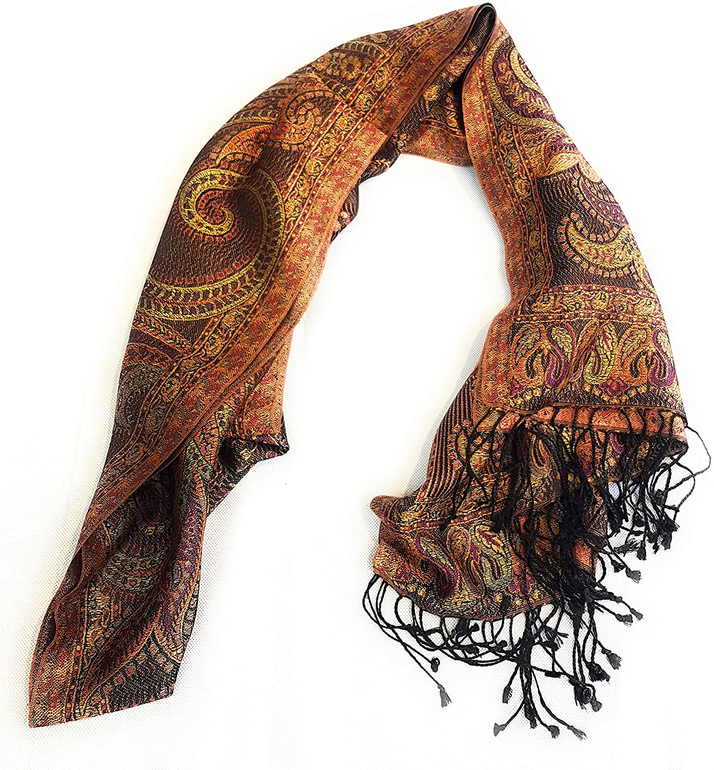 Luxus Seidenschal aus Indien für Damen & Herren, elegante Farben mit Fransen Paisley Muster 200 x 55 cm - Schal aus reiner Seide - diverse Designs