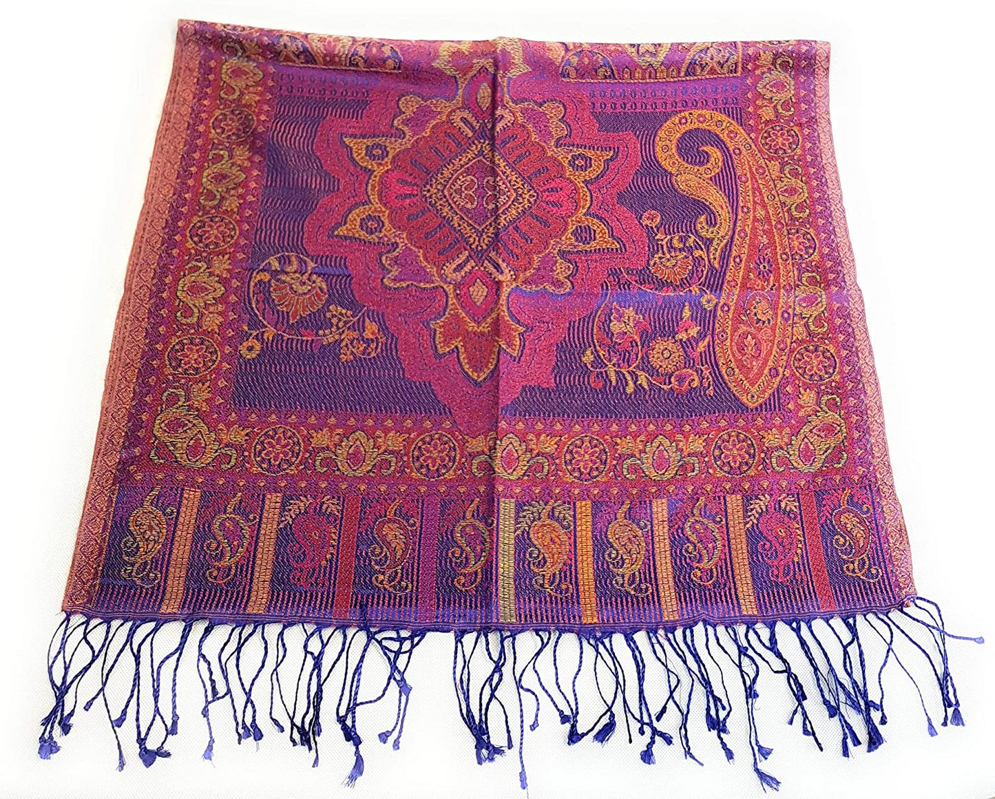 Luxus Seidenschal aus Indien für Damen & Herren, elegante Farben mit Fransen Paisley Muster 200 x 55 cm - Schal aus reiner Seide - diverse Designs