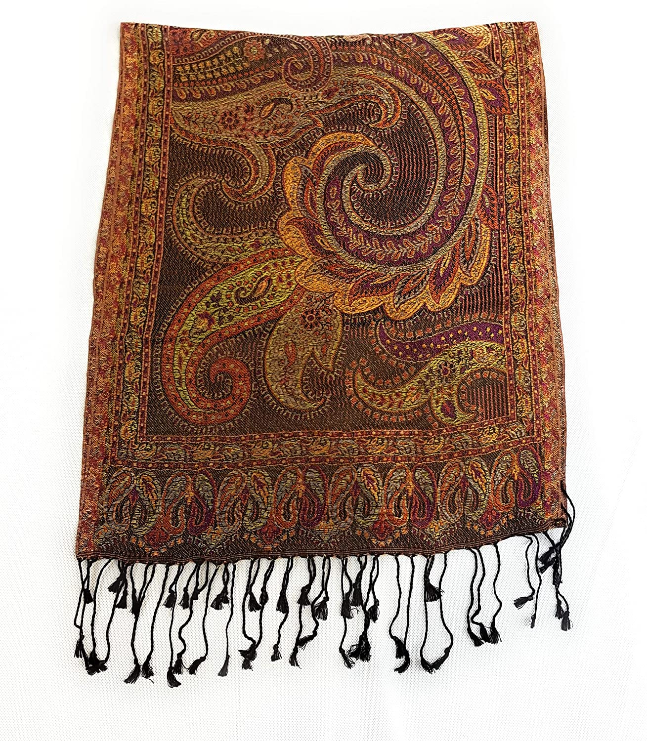Luxus Seidenschal aus Indien für Damen & Herren, elegante Farben mit Fransen Paisley Muster 170 x 35 cm - Schal aus reiner Seide - diverse Designs